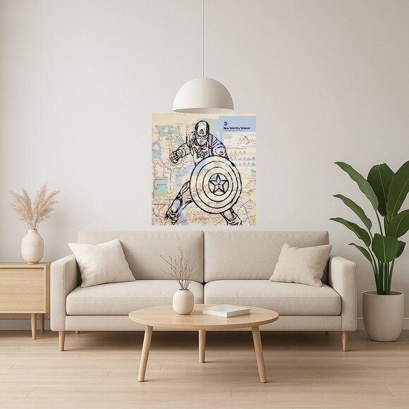 Handpainted Marvel Captain America Art on NYC Subway Map Rare Original Artwork - Picture 7 of 11